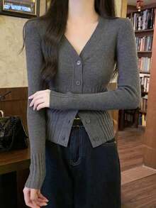 V-Neck Design With Thin Buckle, Long Sleeve, Ribbed Sweater, Bottom Cardigan For Women, Autumn/Winter,Homecoming,Christmas And New Year's Elegant And Casual Long-Sleeved Top - 灰色 - 查看 5