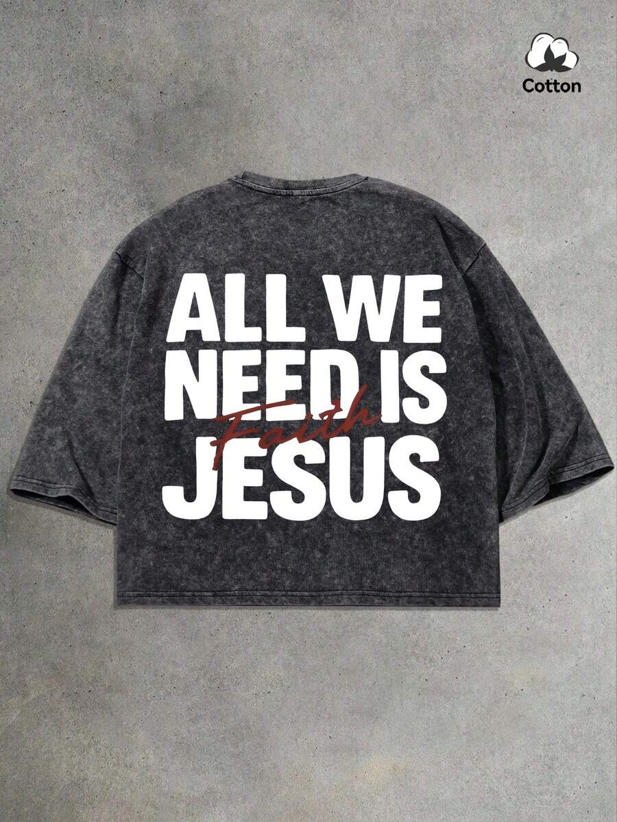 男士街头风图案方格T恤，略带弹力做旧黑色圆领短袖T恤，休闲日常方格T恤 - 黑色 - 查看 1