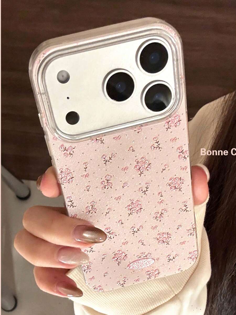 Spring Floral Glitter Phone Case Compatible With IPhone 17/17 Pro, Cute & Protective Cover For IPhone 13/14/11 - Pink - View 1