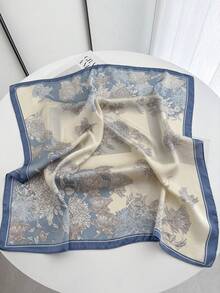 1pc Women's Spring/Summer Floral Print Scarf, Faux Silk 70cm Square Scarf, Shawl, Neck Warmer, Versatile For Daily Use - Màu xanh lam - Xem 2