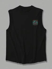 1 chiếc áo tank top nam mùa hè kiểu dáng thường ngày in hình hoạt hình tiếng Anh, cổ tròn - màu đen - Xem 3