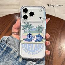 Miniso 迪士尼史迪奇手机壳，印有“放松，随波逐流”的标语，搭配热带海滩设计，休闲可爱，适用于iPhone 17/17 Pro/17 Pro Max/17 Air/16/15/14/13/12/11/X系列，印花透明手机壳 - 無色 - 查看 2