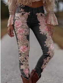 Digital Print Women's Trousers With Colorful Floral Pattern Imitation Jeans - ADFGRV24 - View 1