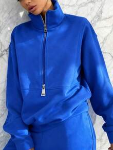 Women's Oversized Half Zip 2 Piece Tracksuit, High Neck Loose Fit Polar Fleece Sweatshirt & Wide Leg Pants Set, 2026 Early Spring New Arrival Cozy Loungewear, Casual Daily Light Outdoor Wear One Color Outfit      2 Piece Sets Woman  Summer Clothes  (Local Warehouse Discounts.) | Two Piece Set Women | 2 Piece Sets Woman | Workout Sets Women | Women Two Piece Sets | Sets 2 Piece Women | Conjunto De Dos Piezas Mujer - 藍色 - 查看 4