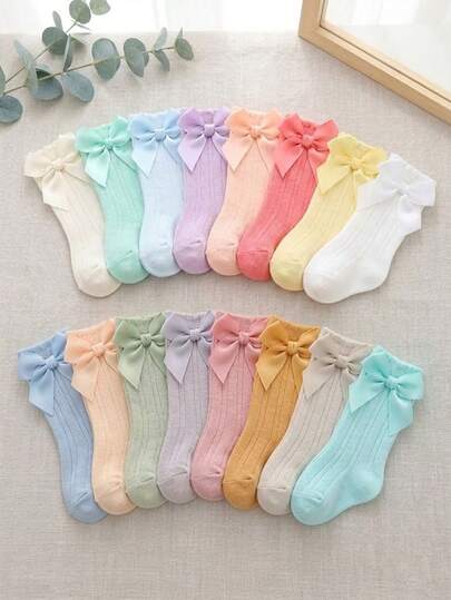 8双/套，随机颜色，可爱蝴蝶结装饰公主中筒袜，适合女婴和幼儿，舒适的中筒袜，四季皆宜的可爱婴儿袜，适合日常穿着和送礼。可搭配各种服装，是情人节礼物和派对服装的理想之选。