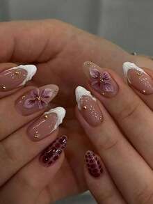 30pcs Almond-Shaped 3D Gel Nail Stickers, Create Floral Nail Art, French Tip Design, Pearl Decor, Perfect Fit Acrylic Nail Kit, Includes: 1pc Jelly Gel And 1pc Nail File, Bloominggelnails French Manicure, Suitable For Women's Daily Work, Festivals And Parties - Multicolor - View 3