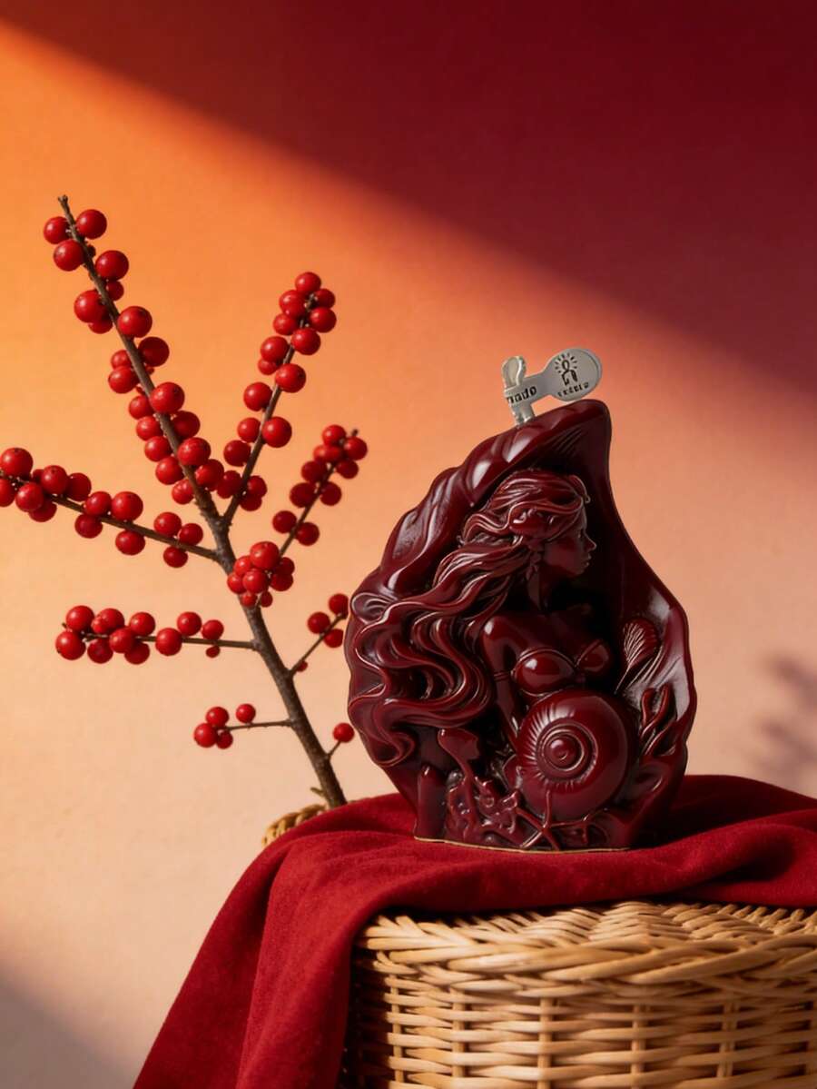 Burgundy Red Mermaid In Shell Sculptural Candle, Handmade Soy Wax, Vintage Ocean Aesthetic Home Decor, Unique Romantic Gift For Her - 1PC - View 1