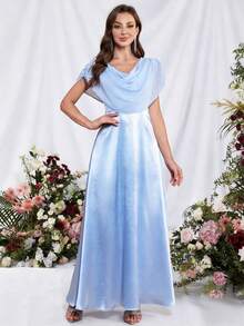 Solid Color Backless Draped Elegant Bridesmaid Dress Wedding Spring - Blue - View 4