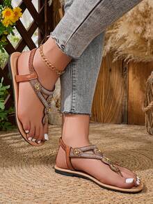 最新款罗马风波西米亚平底趾环凉鞋，棕色女士平底凉鞋 - 棕色 - 查看 5