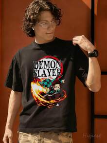 New 2026 With Demon Tanjiro Fire God Kagura Graphic T-Shirt, Anime Style, 100% Cotton, Men's, Men's T-Shirt, Animation Costume, Men's Holiday Wear, Tops, Shirt, Versatile, Undershirt Or Outerwear, Men's Fashion Streetwear, For Comic-Con Visits And Fandom Meetings, Gifts For Men - 黑色 - 查看 2