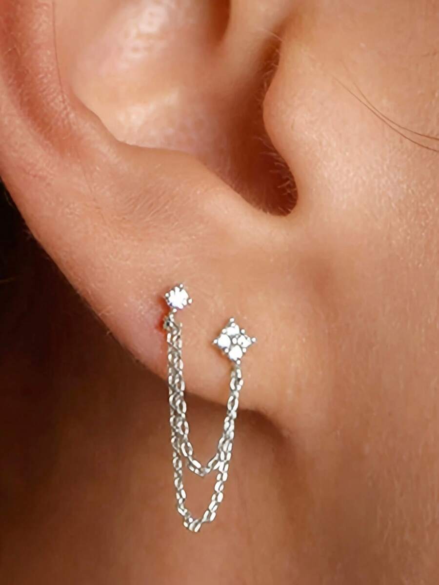 1 Pair Chain Tassel Rhinestone Earrings, Summer Jewelry For Multiple Ear Piercings - Silver - View 1