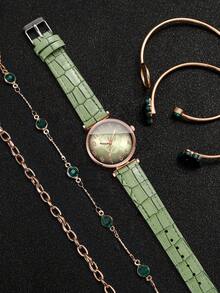 5件套女士礼品手表，时尚休闲数字叶形表盘经典优雅石英腕表+蝴蝶表带（不含表盒） - 綠色 - 查看 3