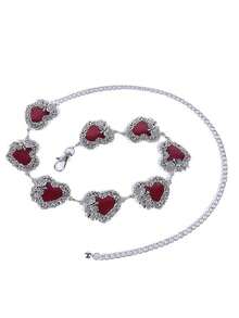 1pc Red Heart Print Vintage Gold-Color Metal Chain Belt, Suitable For Halloween, Weddings, Holidays And Daily Wear Valentine's Day Summer School Fall, Autumn, Halloween - Antique Silver - 查看 8