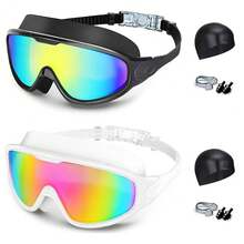 Gafas de natación para adultos de marco grande, de alta definición, antivaho y galvanizadas, gafas protectoras de silicona con protección UV, estuche para gafas de natación gratis + clip nasal y tapones para los oídos. - Blanco - Ver 3