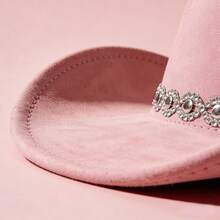 Rhinestone Cowboy Hat For Women, Summer Hats For Women Fashion Western Cowgirl Hats, Elegant Wide Brim Fedora Cap For Party & Daily - 粉紅色-Rhinestone Cowboy Hat - 查看 11