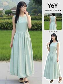 Y6Y 法式新款夏季女式绿色休闲无袖中长连衣裙 - 綠色 - 查看 10