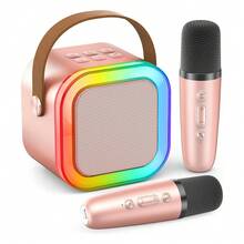 Máquina de karaoke, mini altavoz de micrófono de karaoke Bluetooth portátil con 2 micrófonos y luz, adecuado para todos los teléfonos inteligentes, perfecto para cumpleaños, reuniones familiares, fiestas (azul y rosa). - Rosa - Ver 3