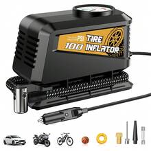 CARSUN 卡森便携式轮胎充气泵，12V直流，100 PSI，4倍快速充气，自行车气筒，轮胎压力表 - 300 PSI机械式，耐用ABS树脂防摔，女士汽车配件 - 适用于自行车、汽车、摩托车 - 黃色性價比款 - 查看 10