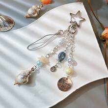 1pc Unisex Ins Style Gold Edged Silk Thread Shell & Pearl Keychain, High-End Ocean Vibe Bag Charm - Multicolor - View 5