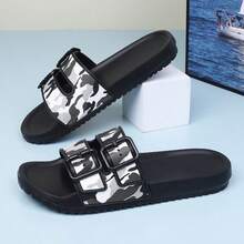 Men's Double Buckle One-Strap Slide Sandals, Flat Non-Slip Bathroom & Casual House Slippers, Summer - Black - View 6