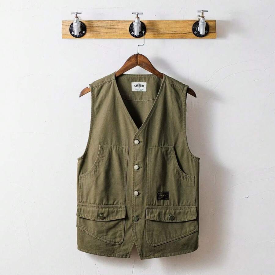 New Popular Artistic Single-Breasted Stylish Harajuku Streetwear American Workwear Vest For Men With A Hong Kong-Style V-Neck - 綠色 - 查看 1