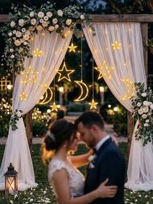 أضواء ستارة سلسلة نجوم وقمر، ديكور حفلة زفاف رومانسية، أضواء نجوم وقمر ساطعة بتأثير وميض بالبطارية، لون أبيض دافئ، أضواء فيري خارجية بطراز بوهيمي لامع، أضواء سلسلة LED لإكسسوارات الأقواس والحفلات والمناسبات الداخلية والخارجية، ديكور حفلة خطوبة وحمام عروس، قمر هلالي نجمي معلق، وضعين إضاءة، لغرفة النوم والجدران والحفلات والحدائق والمطاعم والمكاتب وغرف الصلاة، إكسسوارات حفلات المنزل الداخلية والخارجية وديكور الحديقة والتخرج - متعدد الألوان - مشاهدة 3