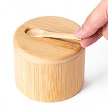 1pc Bamboo Salt And Spice Storage Container With Magnetic Rotating Lid And Spoon, Bamboo Organizer Box Suitable For Salt, Pepper, Seasoning, Sugar - Multicolor - View 9