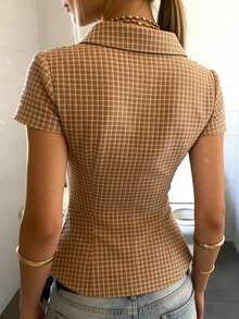 Women's Y2k Plaid Button Down Shirts Short Sleeve Lapel Collar V Neck Slim Fit Blouse Preppy Style Clothes Summer Basic Casual Wear Teen Girls Going Out T-Shirts Back To School Outfits - 淺棕 - 查看 2