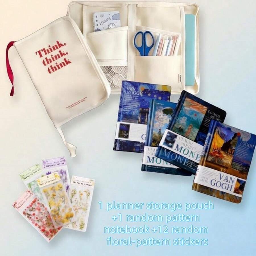 Creative Planner Set - Minimalist Large Capacity Organizer Pouch With Elegant Floral Notebook And Stickers - Sets - View 1