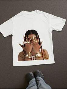 Casual Summer T-Shirt With A Round Neck And Short Sleeves Featuring A Portrait Print - trắng - Xem 11