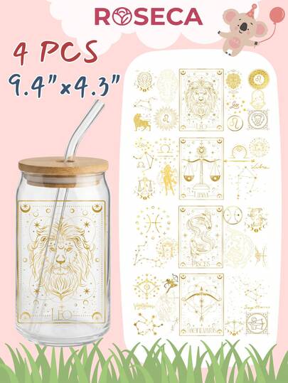 12 Zodiac Signs UV DTF Transfer Sticker For 16oz Libbey Glass Cups (9.4x4.3in) No Heat Needed, All Constellations Gold Celestial Goddess Astrology Graphic, Waterproof Rub On Decal, DIY Personalized Birthday Gift For Women