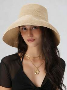 1 pieza Sombrero de paja para mujer, sombrero de ala ancha para playa, viaje, vacaciones, protección UV, primavera/verano - Beis - Ver 3