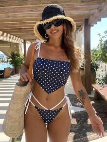 Bộ bikini buộc dây kiểu Bohemian mới, họa tiết chấm bi, đồ bơi gợi cảm, thanh lịch, màu trơn chấm bi với viền tương phản, bộ bikini dự tiệc bãi biển, mùa xuân/hè. - Nhiều màu - Xem 1