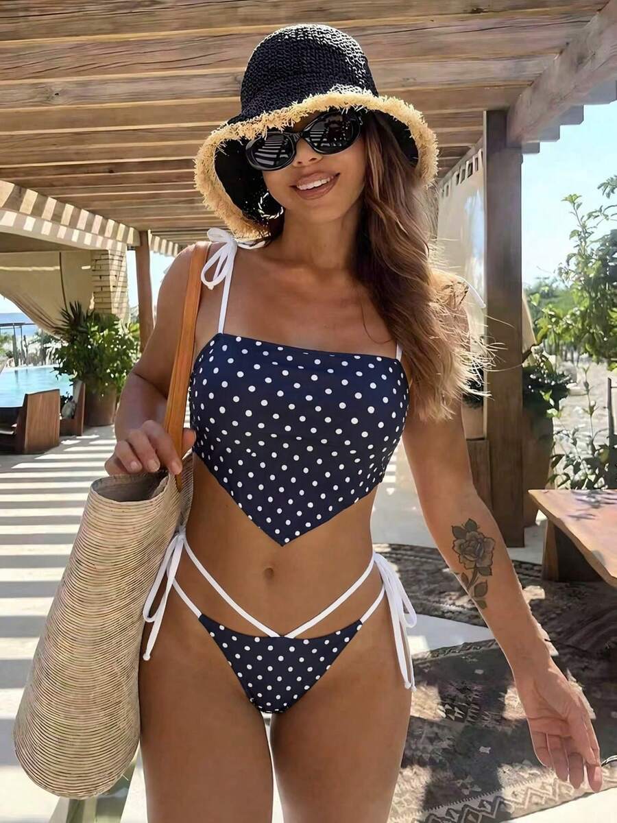 Bộ bikini buộc dây kiểu Bohemian mới, họa tiết chấm bi, đồ bơi gợi cảm, thanh lịch, màu trơn chấm bi với viền tương phản, bộ bikini dự tiệc bãi biển, mùa xuân/hè. - Nhiều màu - Xem 1