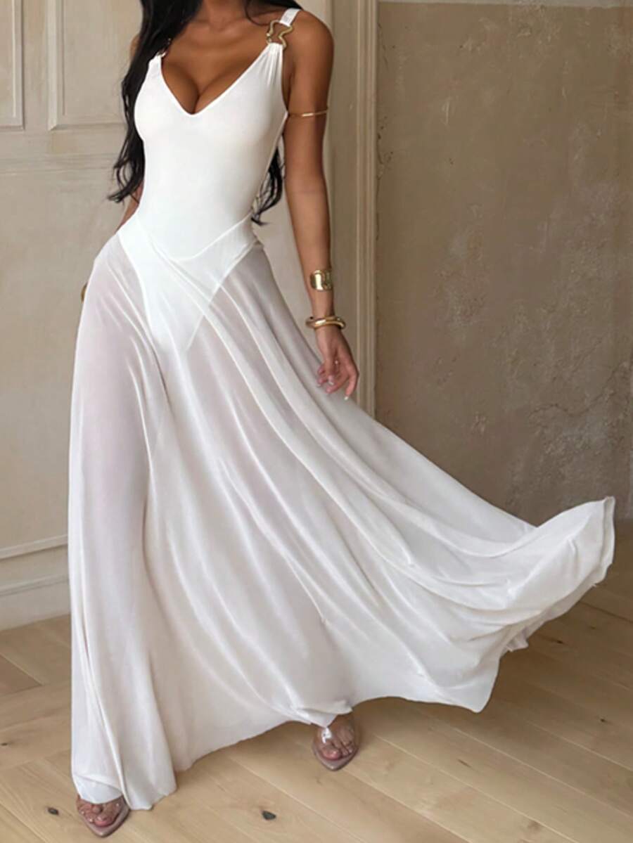 WOWDARK Summer Dress, White Elegant V-Neck Mesh A-Line Spaghetti Strap Party Dress For Women, Suitable For Valentine's Day, Dates, Gatherings, Parties, Travel, Vacation, Beach And Other Occasions Wedding Spring - 白色 - 查看 1