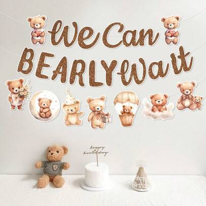 “我们迫不及待”婴儿派对横幅，泰迪熊婴儿派对装饰，男孩女孩熊主题婴儿派对横幅，纸质悬挂装饰