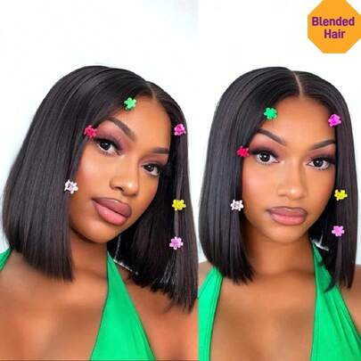 女士短直发波波头假发，13x6高清蕾丝前额假发，180%密度，预拔发际线，耐热合成纤维混纺真人发假发，带婴儿绒毛