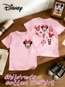 Disney Minnie Mouse And Sweet Treats 100% Pure Cotton Children's T-Shirt, With Cartoon Print On Both Sides. This Casual-Style Children's T-Shirt Is Suitable For Both Boys And Girls, Making It An Ideal Choice For Christmas Parties And Everyday Outdoor Activities. - 粉色 - 查看 2