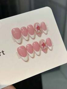 10 Pcs Handmade Nail Art Patches Nails, Handmade Full Coverage French Square Medium Length, 3D Hand-Painted Floral Design, Glossy, Pink And White, Elegant And Lovely Almond Shaped High-End Minimalist Vacation Style Three-Dimensional Carved Elegant Nail Art, Cute And Spicy Girl Nail Art Suitable Women And Girls' Daily And Party Wear, Fully Covered Nails Press On Nails Long Nail Supplies - 彩色 - 查看 4