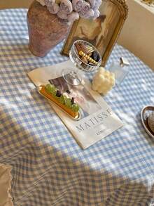 1pc Blue Plaid Tablecloth With French Ruffle Lace Trim, Suitable For Dining Table, Coffee Table, Bedside Cabinet Dust Cover - Multicolor - View 3