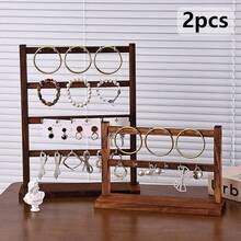 2pcs Multi-Layer Walnut Wood With Iron Hook Jewelry Stand, Elegant Wooden Multifunctional Display Rack For Bracelets, Earrings, Necklaces, Minimalist And Easy To Assemble, Suitable As A Gift - 2 Pcs Walnut Wood - View 5