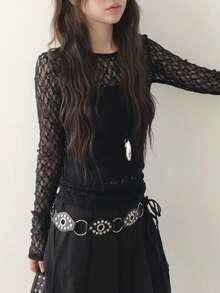 Áo thun dài tay nữ tay dài, khoét lỗ, phối ren 3D, co giãn. - màu đen - Xem 4