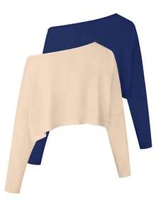 两件套女士露肩宽松休闲T恤，舒适日常居家服套装，秋冬款 - 藏藍杏 - 查看 8