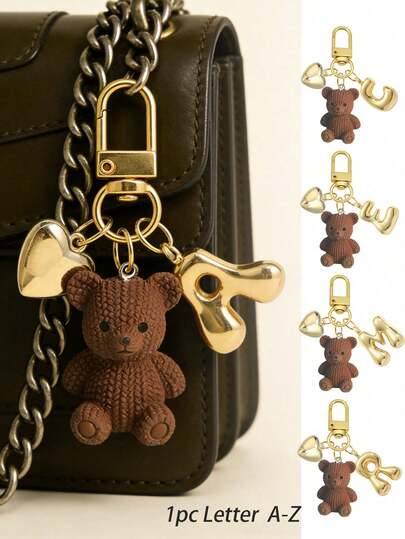 1个字母泰迪熊钥匙扣，金色泡泡字母A-Z钥匙圈，可爱泰迪熊吊坠，适合手提包、钱包、背包、旅行包，可作装饰钥匙扣，适用于健身房、教室、配对游戏、日常使用和送礼，是女士和女孩的时尚配饰，也是圣诞节、情人节、生日、返校季的完美礼物。