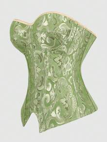 復古宮廷風緹花束腰上衣，無肩帶 Bustier，側邊拉鍊與後背綁帶設計，修身塑形，適合派對、萬聖節及日常穿著 - 綠色 - 查看 4