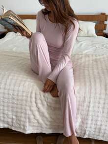 2pcs Women Crew Neck Long Sleeve Top + Elastic Waist Pants Pajama Set, Cute Loungewear - Pink - View 6