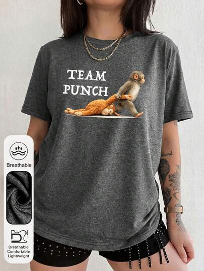 Damen Casual Sommer Tops mit Affen Boxgrafik, Rundhalsausschnitt, Kurzarm, Team Punch Grafik, modisch und vielseitig, Damen T-Shirt in Dunkelgrau