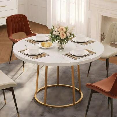 ONBRILL Round Dining Table: 47 Inch Kitchen Table For Four, Wooden Faux Marble Dinner Table With Gold Base For Home, Restaurant, And Dining Room, White