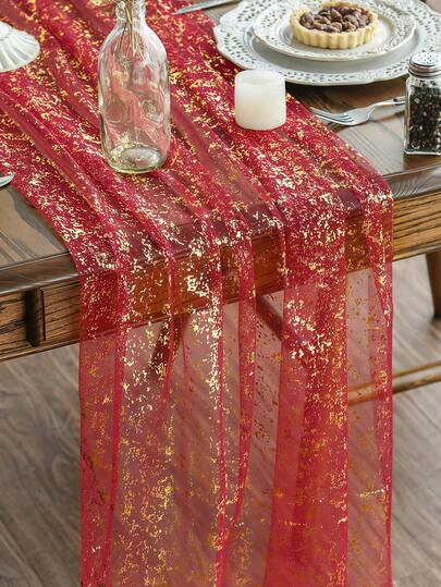 118.11in*27.55in/300cm*70cm-Red Gold Tulle Table Runner, Shimmering Metallic Foil Transparent Table Decoration, Perfect For Home Parties, Holidays, Weddings, Anniversaries, Birthdays, Party Table Centerpiece, Wedding Birthday Christmas Bride.