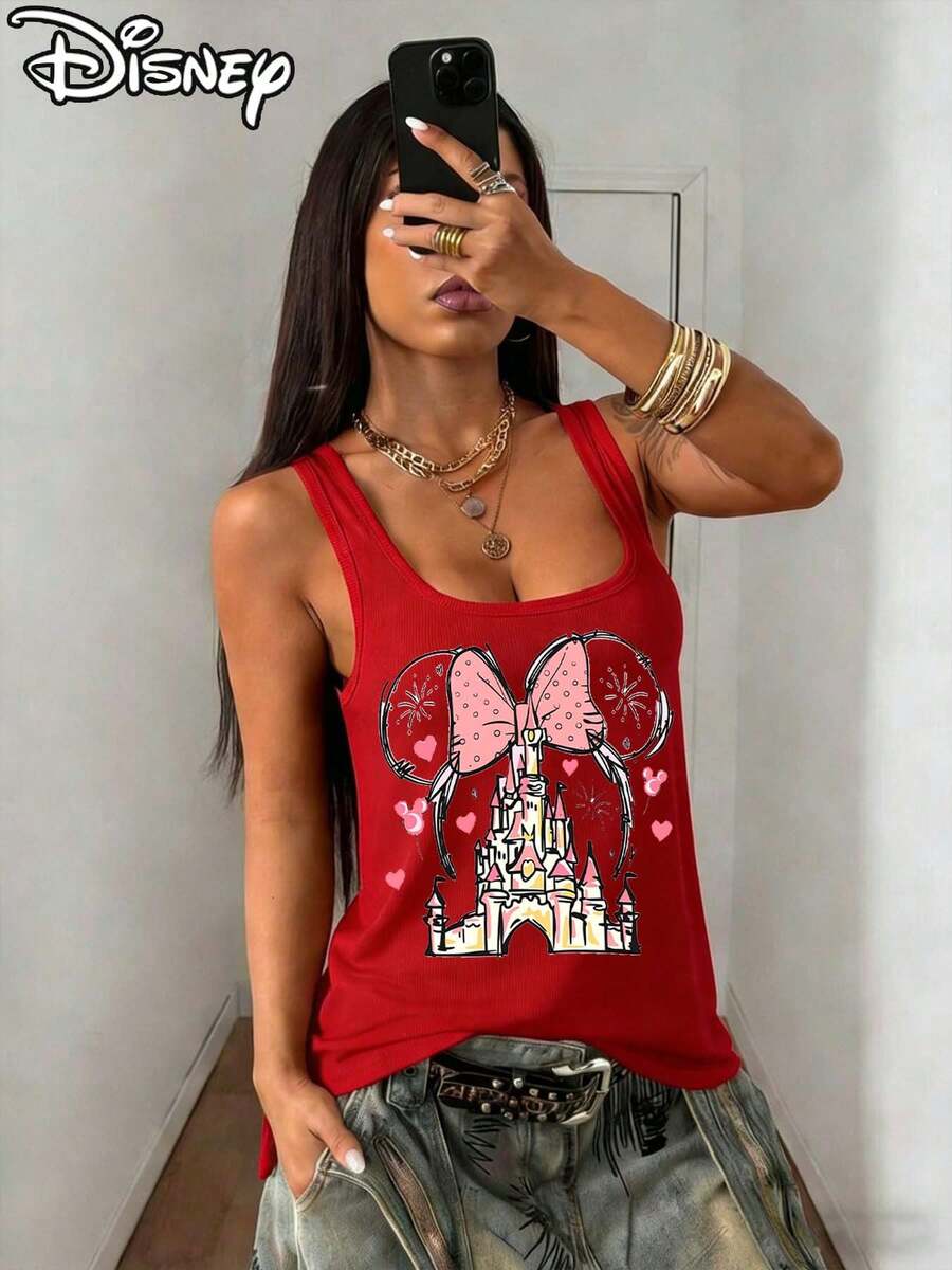 This Disney-Licensed Women's Summer Sexy Cotton Vest Features A Minnie Mouse Polka-Dot Bow As The Frame, With A Pink Disney Castle Inside, Adorned With Hearts, Mickey Mouse Balloons, And Firework Patterns-Exquisite And Dreamy, Creating A Lively Party Atmosphere. Perfect For Taking Photos At Disneyland, As A Travel Souvenir, Or For Everyday Casual Wear. It Also Makes An Ideal Valentine's Day Gift For Friends And Family. This New Spring Style Vest Is Comfortable Against The Skin And Suitable For Outdoor Wear. - Red - View 1